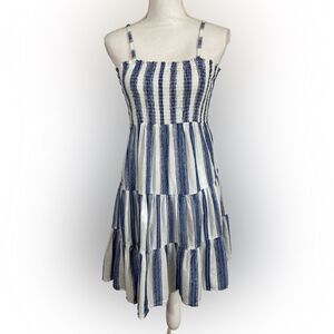 Angie Babydoll Dress Womens L Blue White Stripe Cotton Tiered Sundress